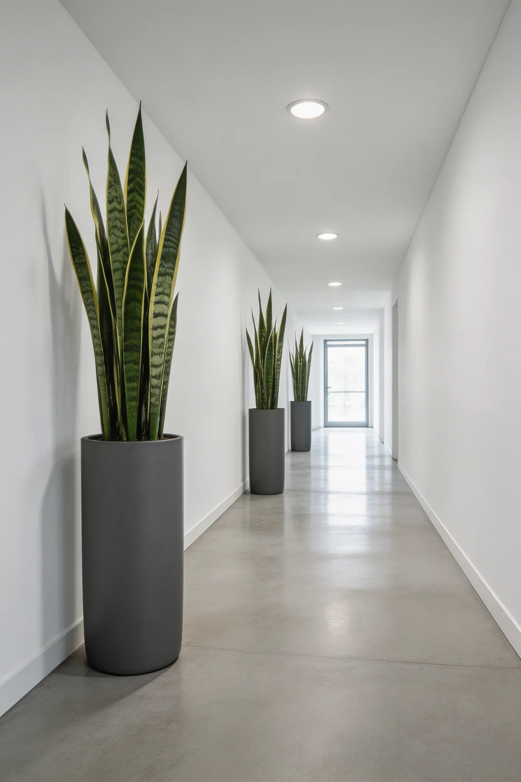 Tall slender charcoal planters with snake plants lining the wall of a narrow modern hallway.