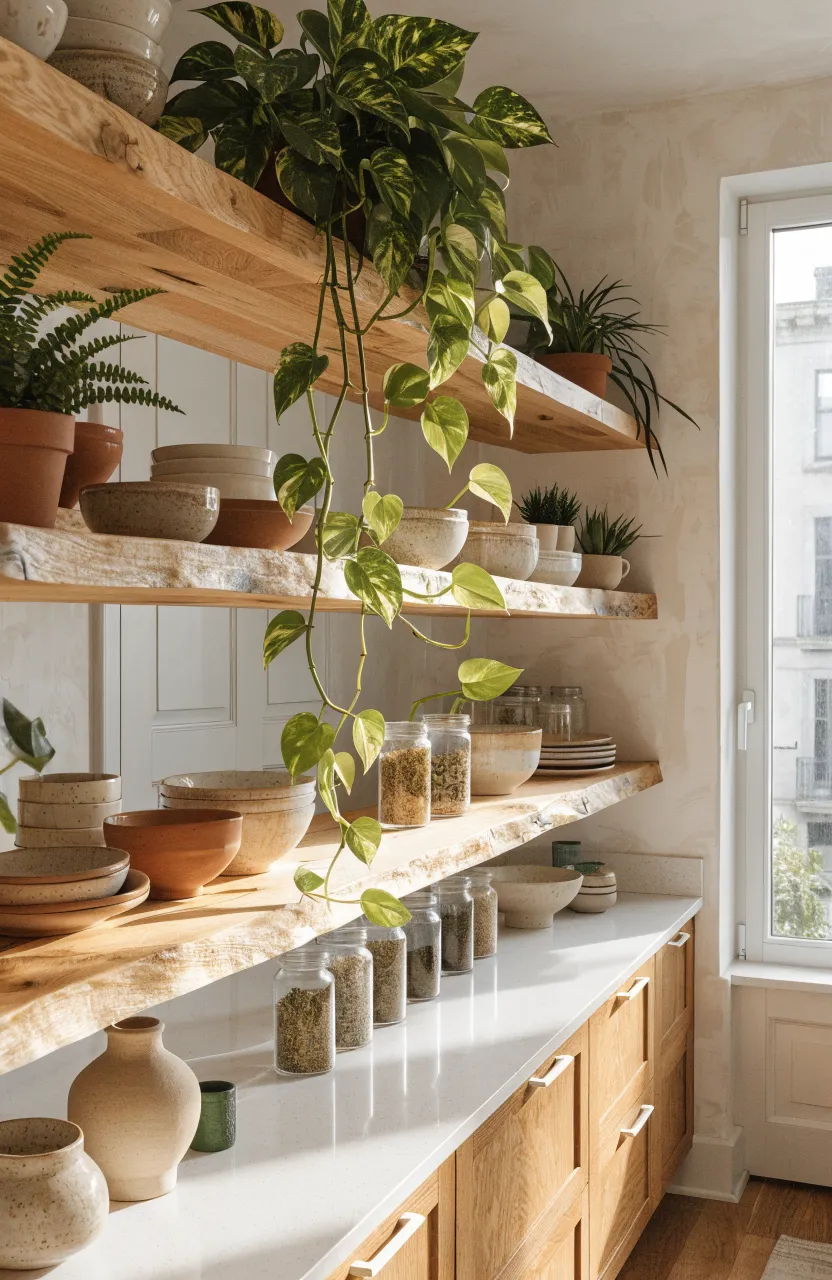 Open wood shelves in a boho kitchen with a trailing pothos plant and ceramic dishes.