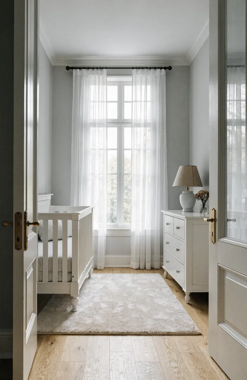 A modern newborn nursery with light gray walls and elegant white wooden furniture.