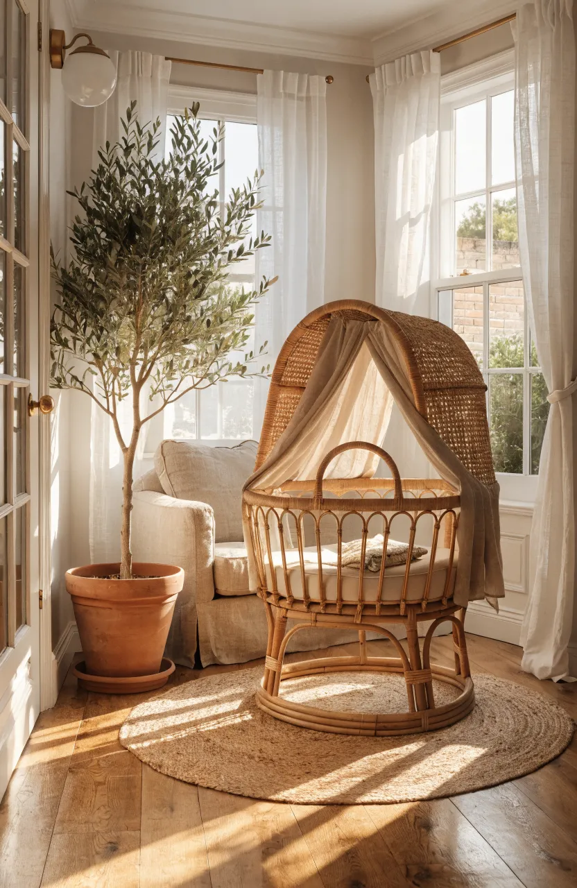 A woven rattan bassinet on a natural jute rug in a warm, sunlit nursery.