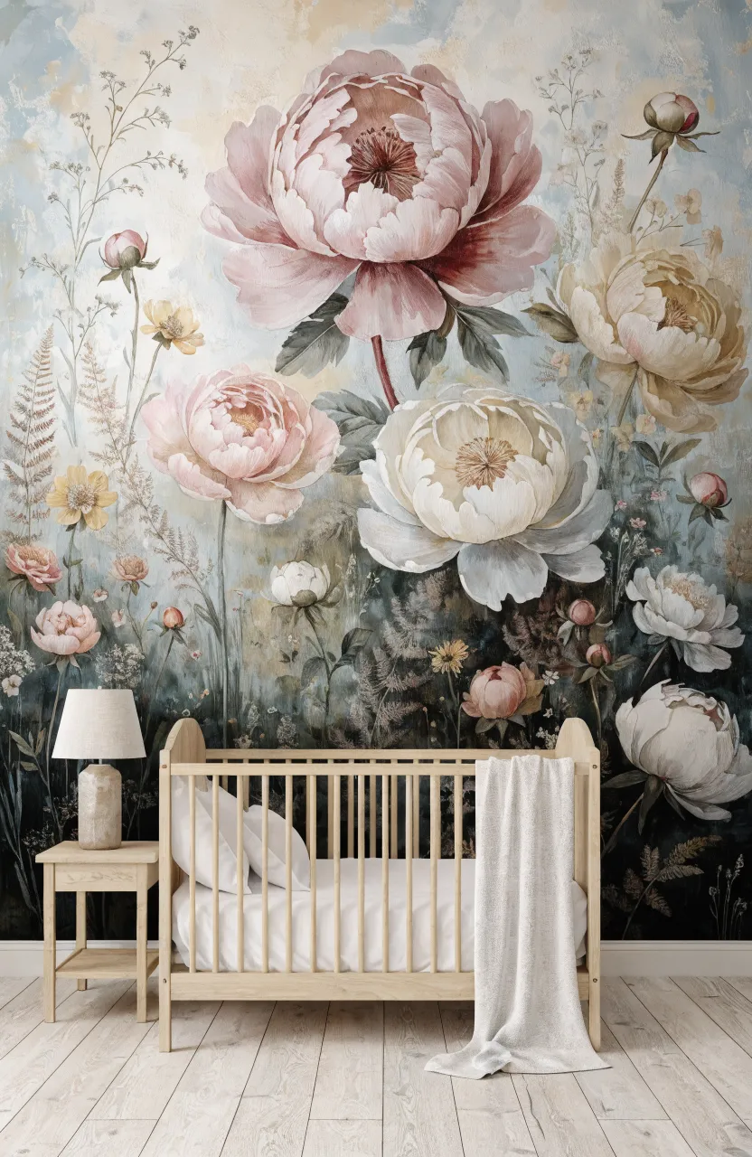 A hand-painted watercolor floral mural behind a wooden crib in a peaceful nursery.