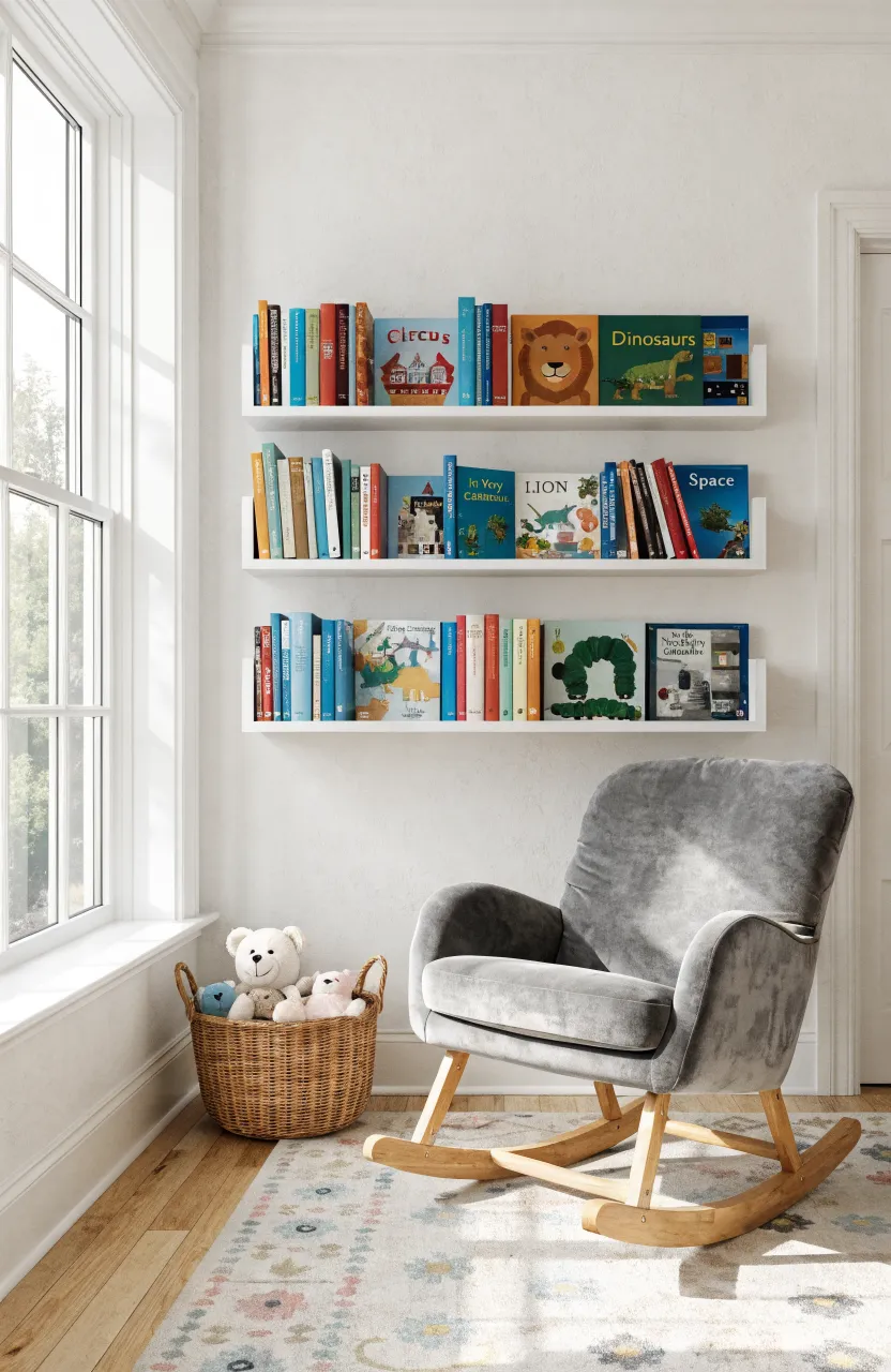 White wall-mounted bookshelves with colorful children's books in a nursery reading nook.