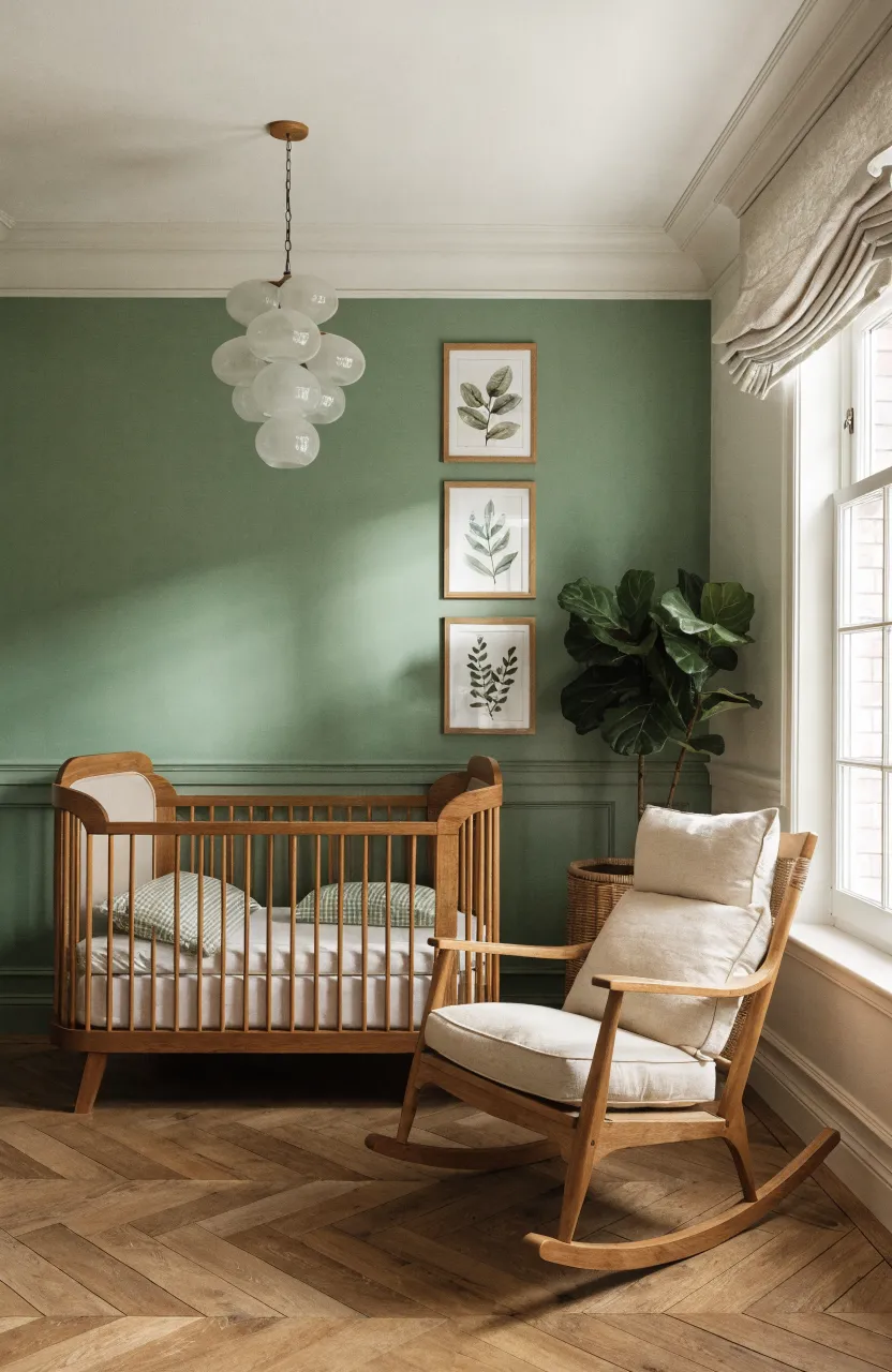 A nursery with a sage green accent wall and warm oak wood furniture.