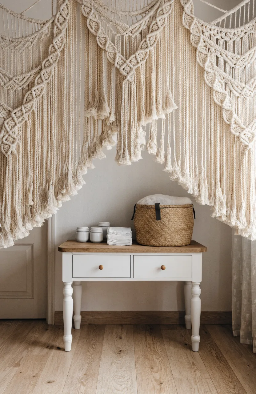 A large macramé wall hanging above a modern white and wood changing table.