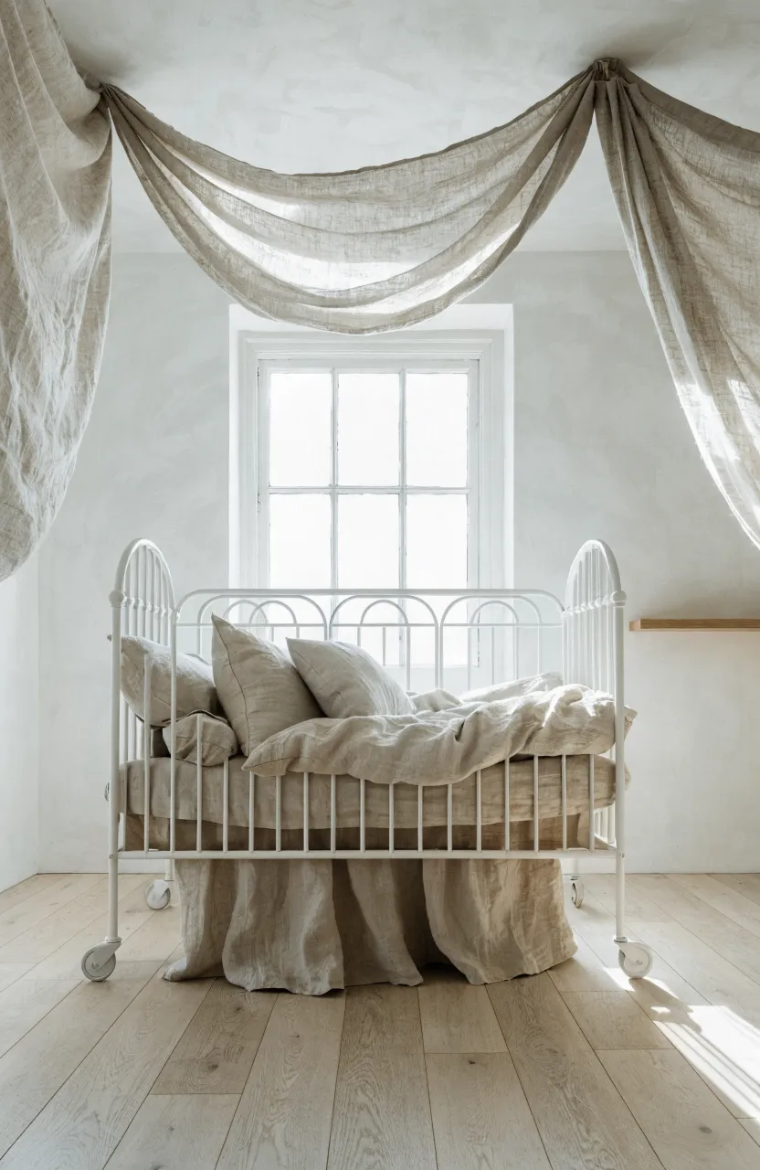 A minimalist nursery featuring a white metal crib with soft beige linen bedding.