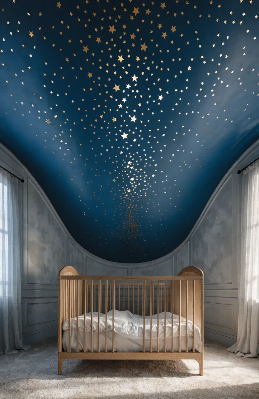 A nursery with a deep navy ceiling decorated with gold star decals above a light wood crib.