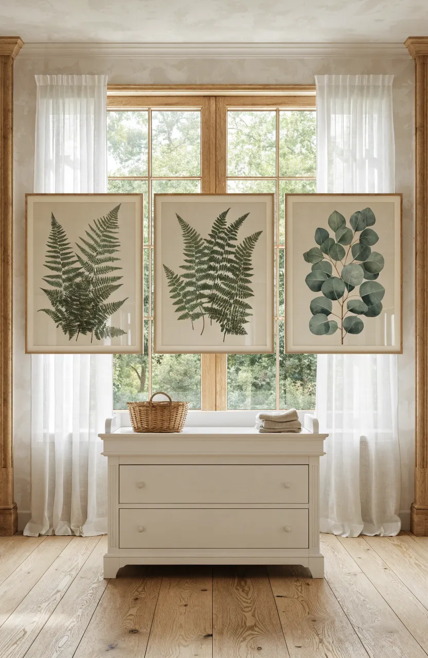 Three botanical prints in light wood frames hanging on a white wall in a bright nursery.