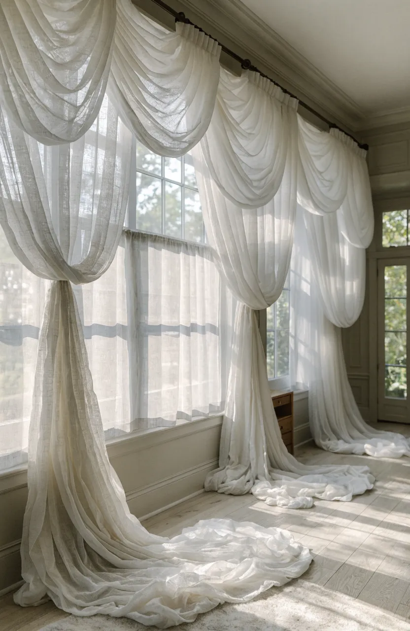 Long sheer white curtains hanging from ceiling to floor in a sunlit, airy nursery.