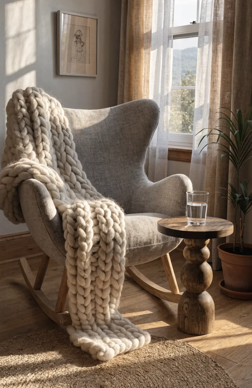 A gray upholstered rocking chair with a cream chunky knit blanket in a cozy nursery corner.