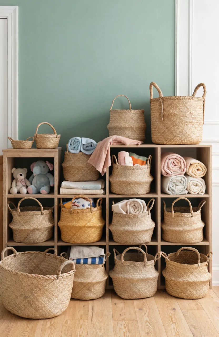 Woven wicker baskets filled with toys and blankets on the floor of a nursery.