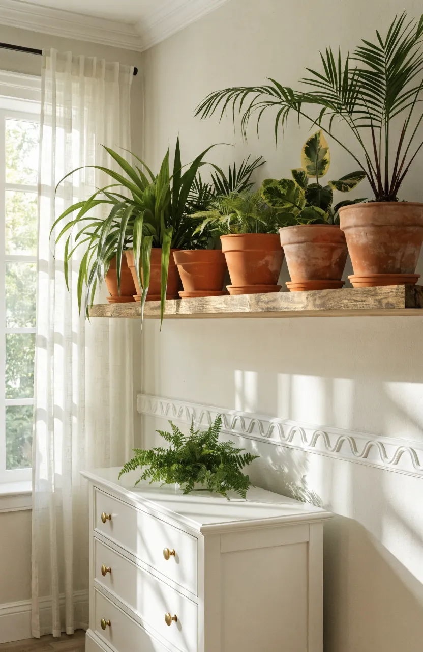 Green baby-safe plants in terracotta pots on a high shelf in a nursery.