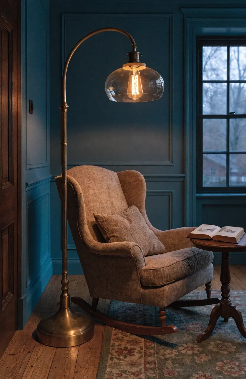 A vintage brass floor lamp casting a warm glow in a cozy nursery corner.
