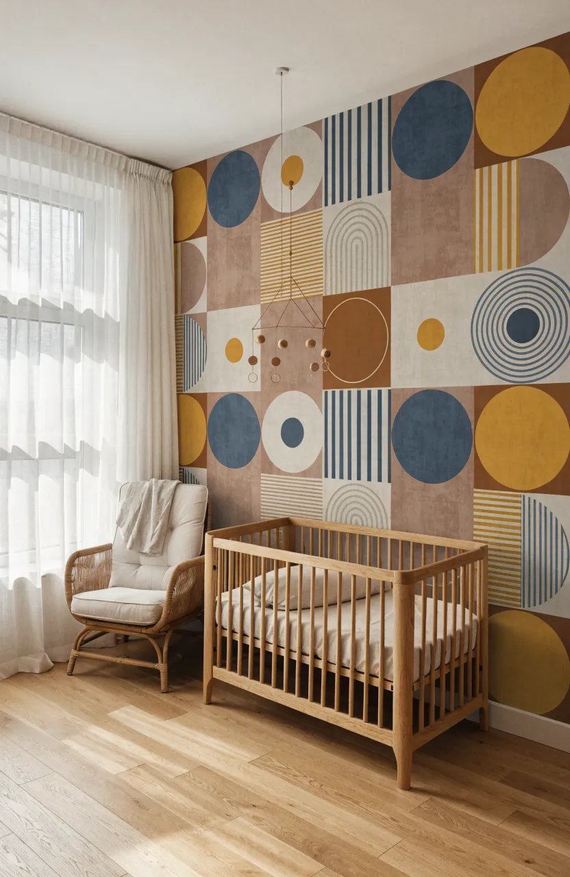 A modern nursery with geometric clay and mustard wallpaper behind a light wood crib.