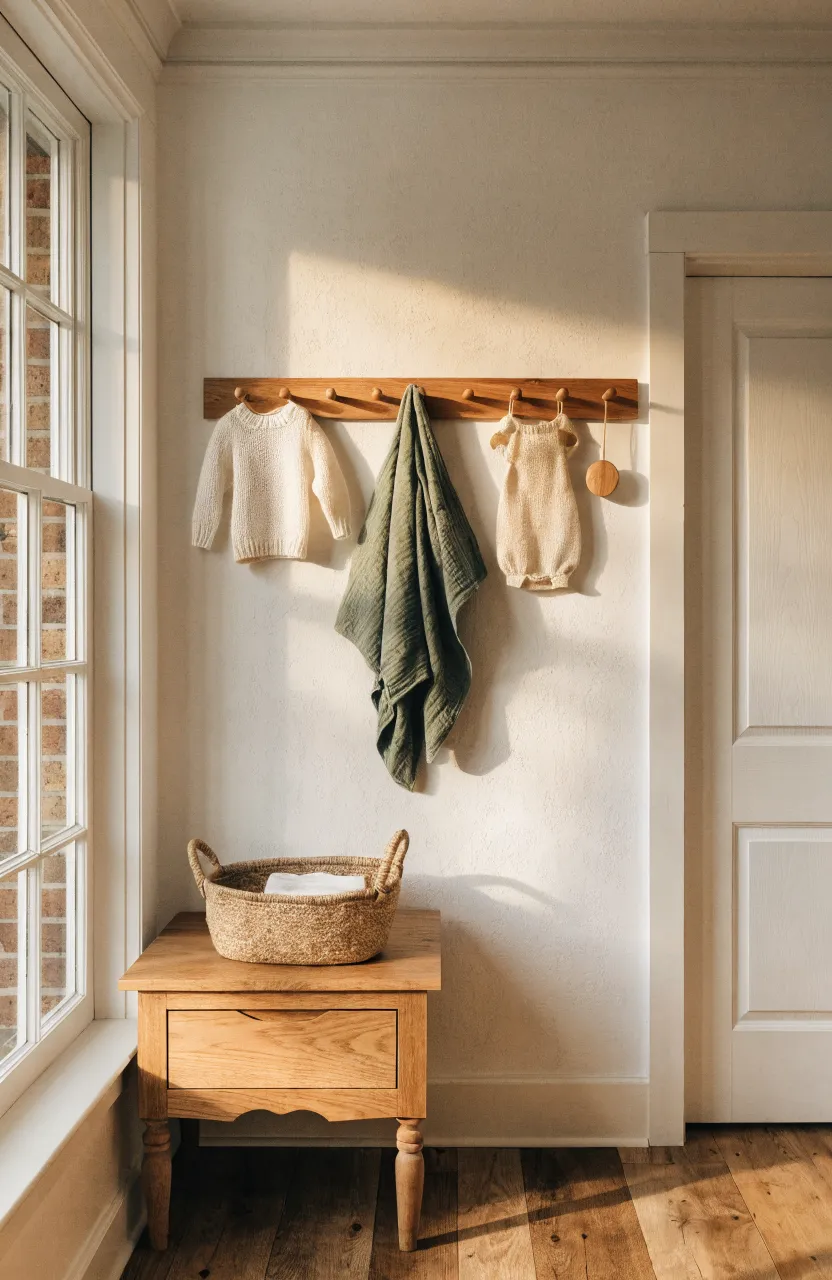 A wooden peg rail in a nursery holding a tiny sweater and a green swaddle blanket.