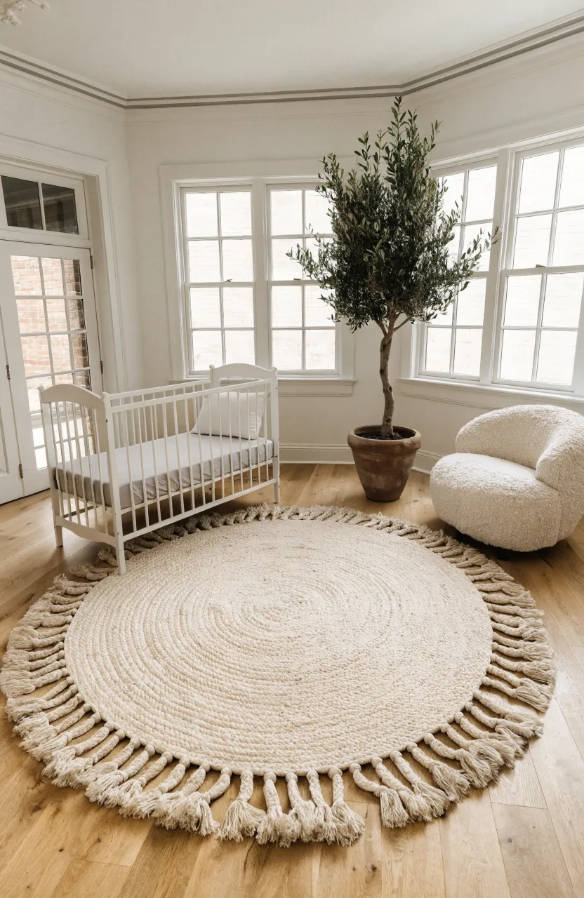 A large cream braided rug on a light wood floor in a bright, minimalist baby nursery.