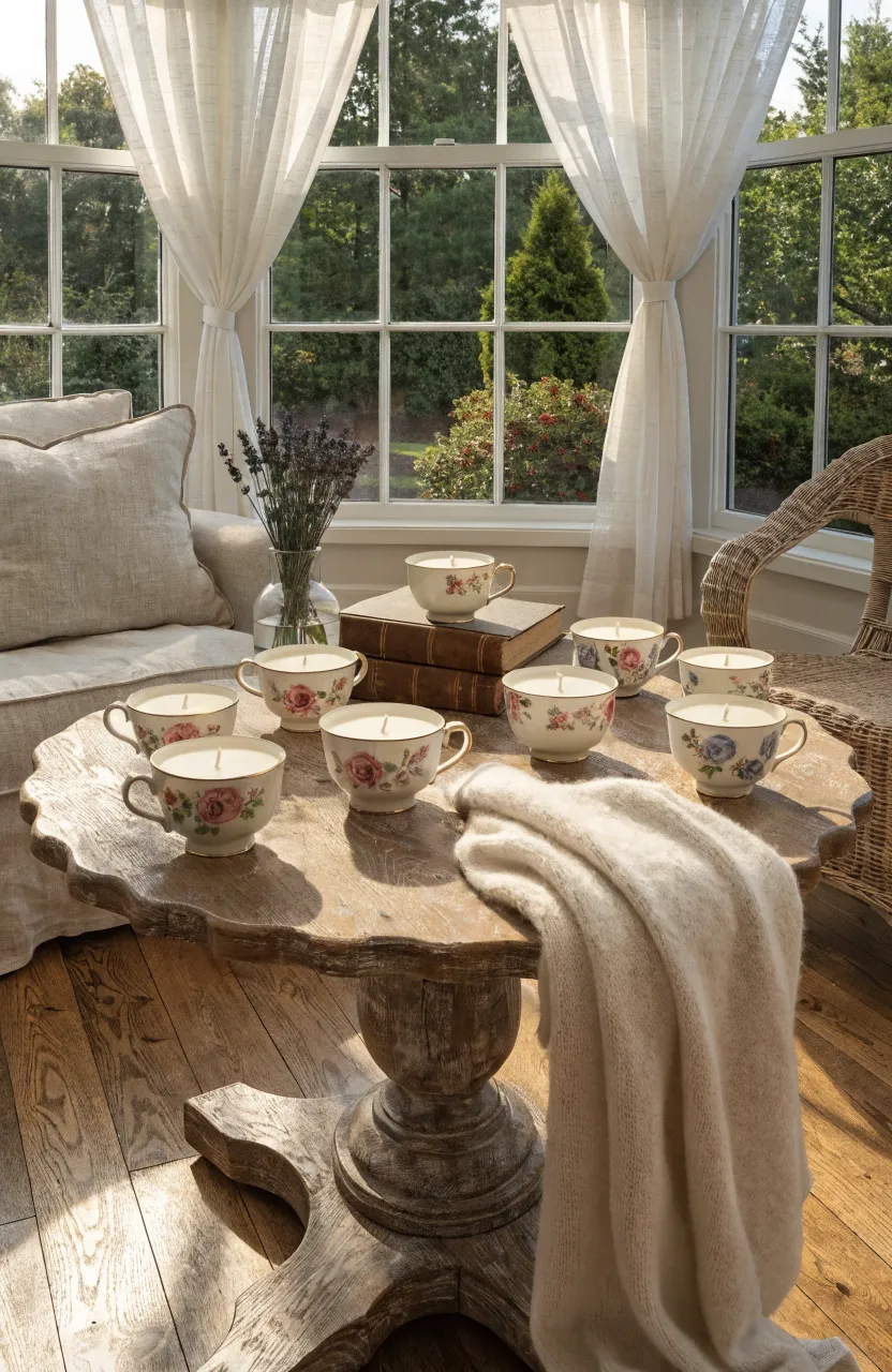 A sunlit room featuring vintage floral teacups turned into soy candles on a wooden table.