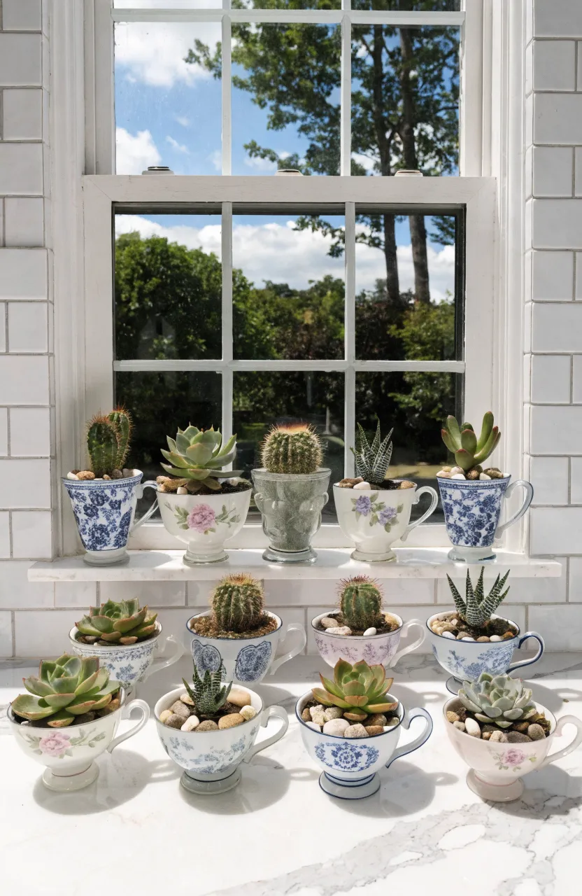 Succulents growing in vintage teacups lined up on a bright kitchen windowsill with white tiles.