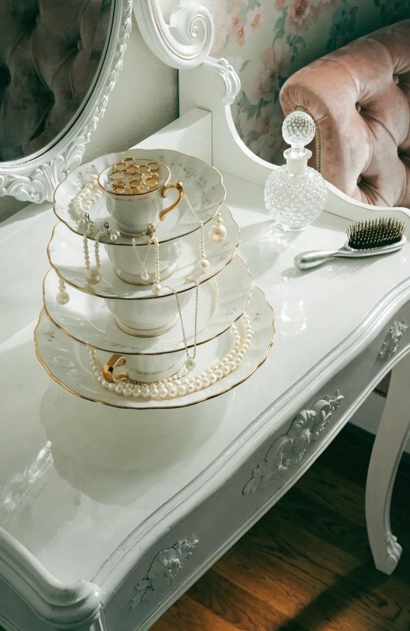 A tiered jewelry stand made of vintage saucers and teacups on a white bedroom vanity.
