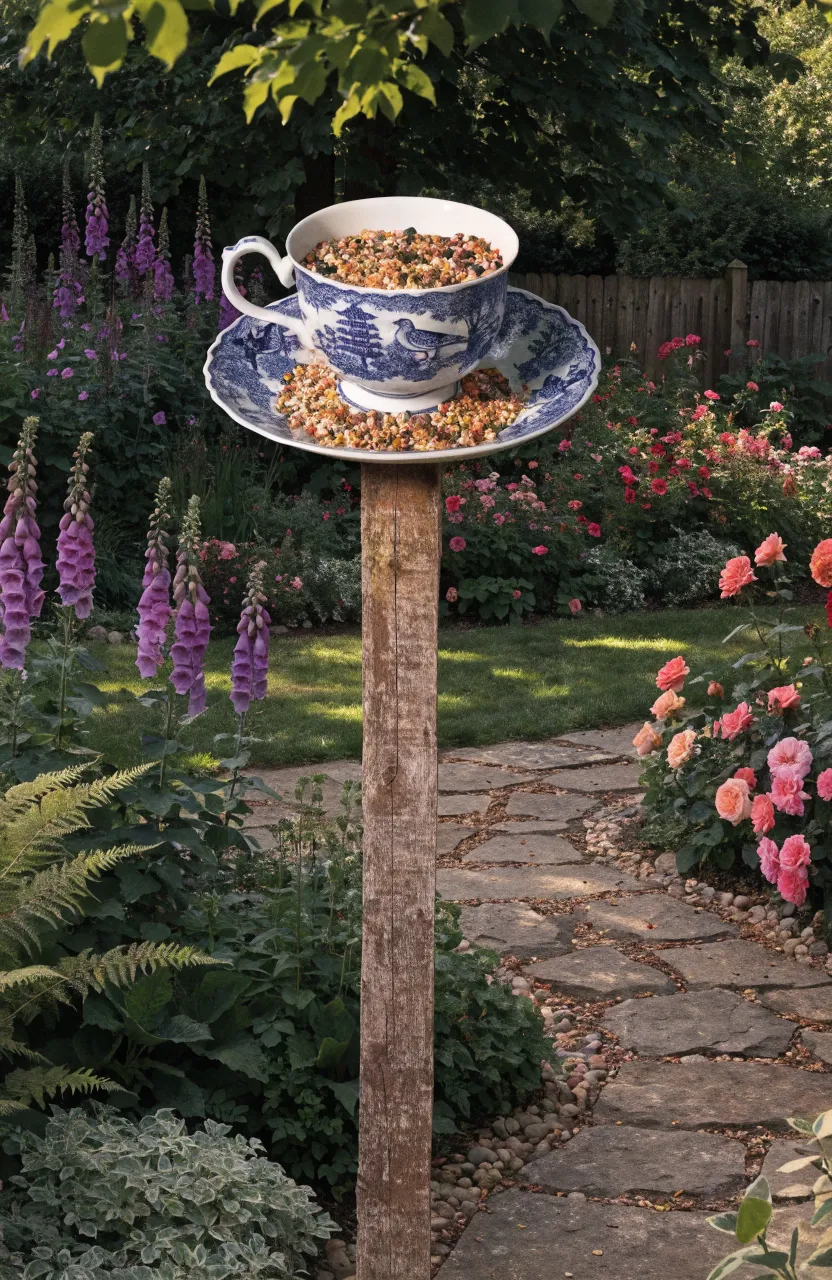 A blue and white teacup bird feeder mounted on a wooden post in a blooming garden.