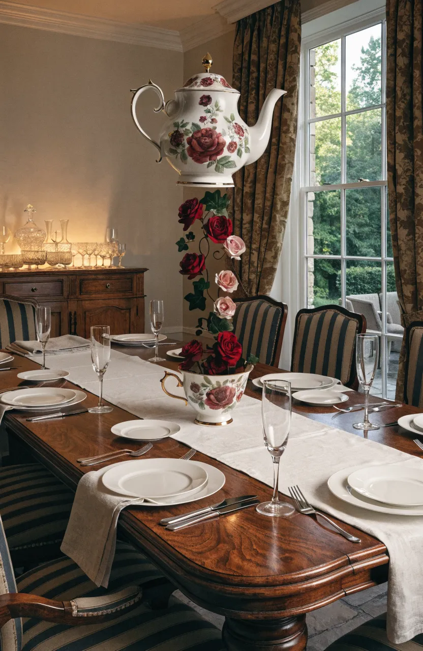 A magical centerpiece with a teapot pouring flowers into a teacup on a formal dining table.