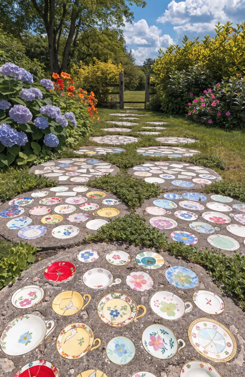 A garden path made of concrete stepping stones decorated with colorful broken teacup mosaics.