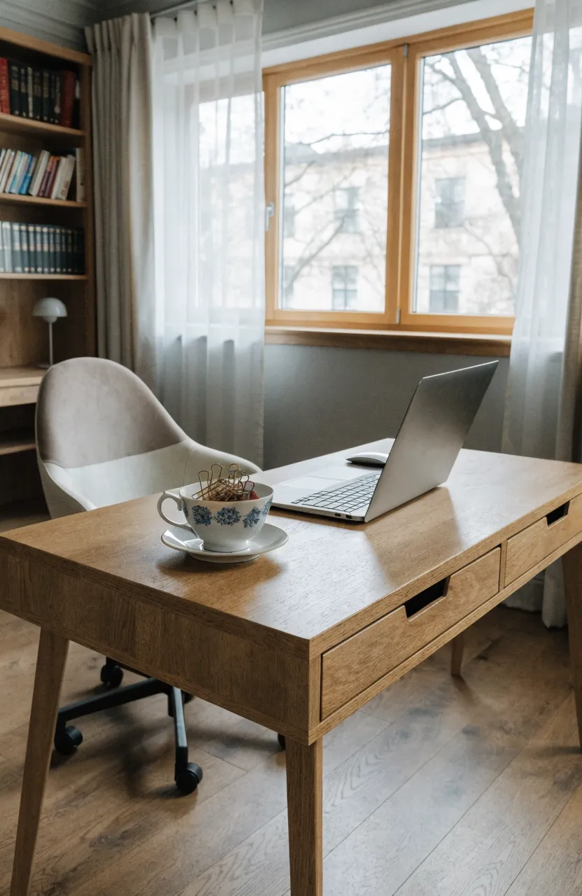 A vintage teacup holding gold paperclips on a clean, modern wooden desk with a laptop.