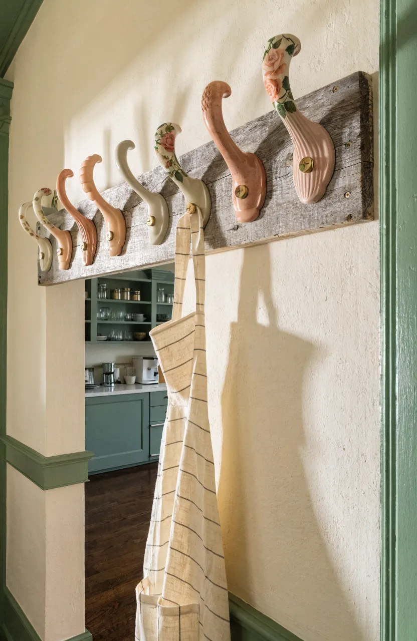 Vintage teacup handles mounted on reclaimed wood used as wall hooks in a farmhouse entryway.
