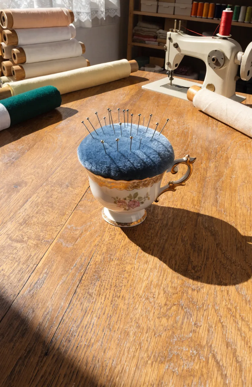 A floral vintage teacup converted into a velvet pin cushion on a wooden sewing table.