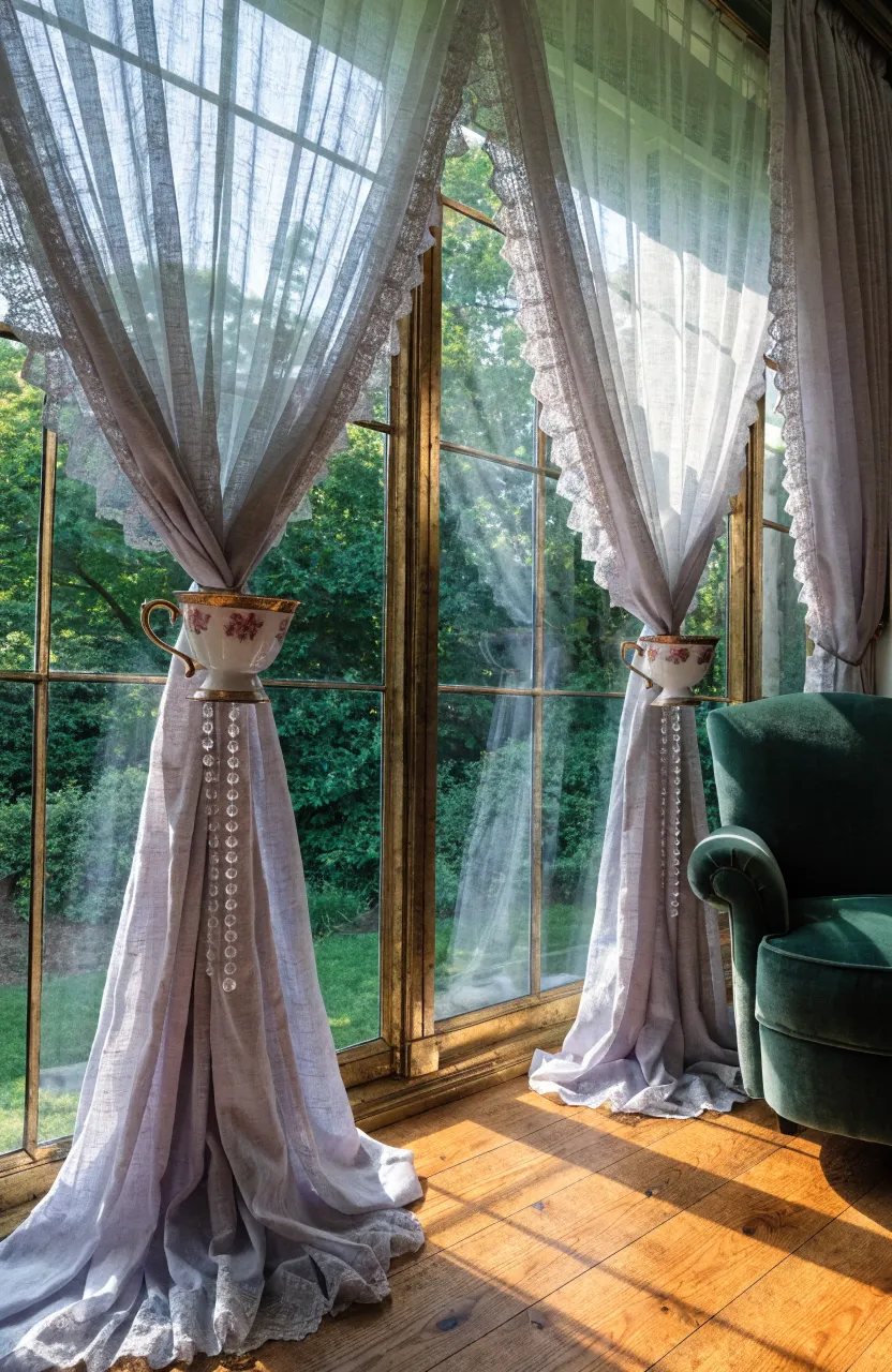 Linen curtains threaded through a vintage teacup used as a creative tie-back in a sunny room.