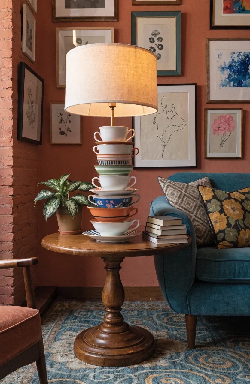 A unique table lamp with a base made of stacked mismatched vintage teacups and saucers.