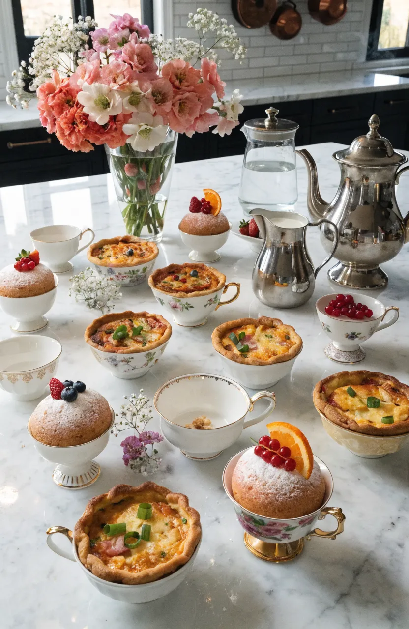 Small quiches and cakes baked and served inside decorative vintage porcelain teacups.