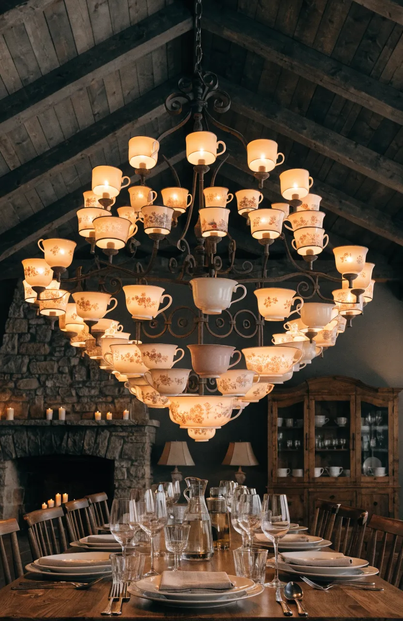 A wrought iron chandelier using vintage teacups as light shades in a rustic dining room.