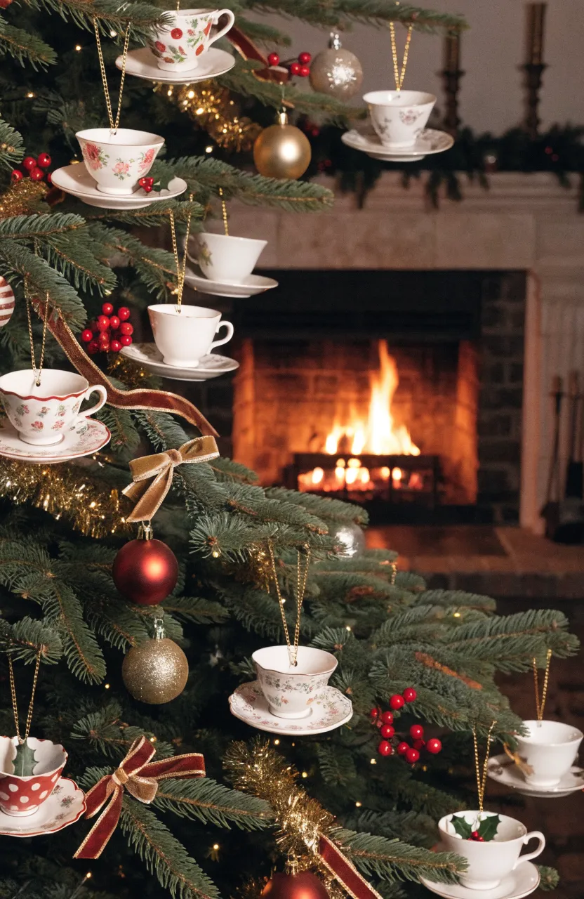 Small vintage teacups with red velvet ribbons hanging as ornaments on a decorated Christmas tree.