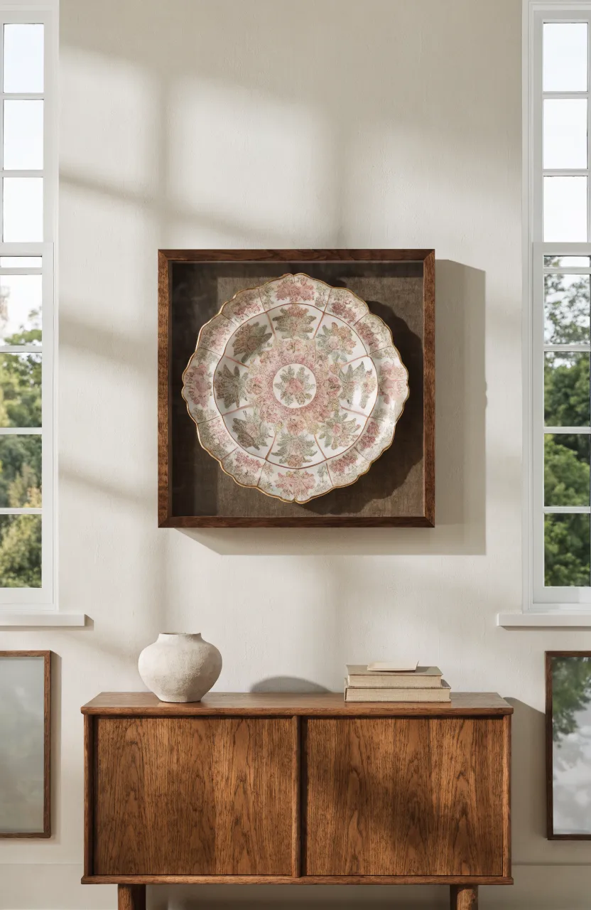 A vintage floral saucer mounted inside a wooden shadow box on a clean gallery wall in a bright room.