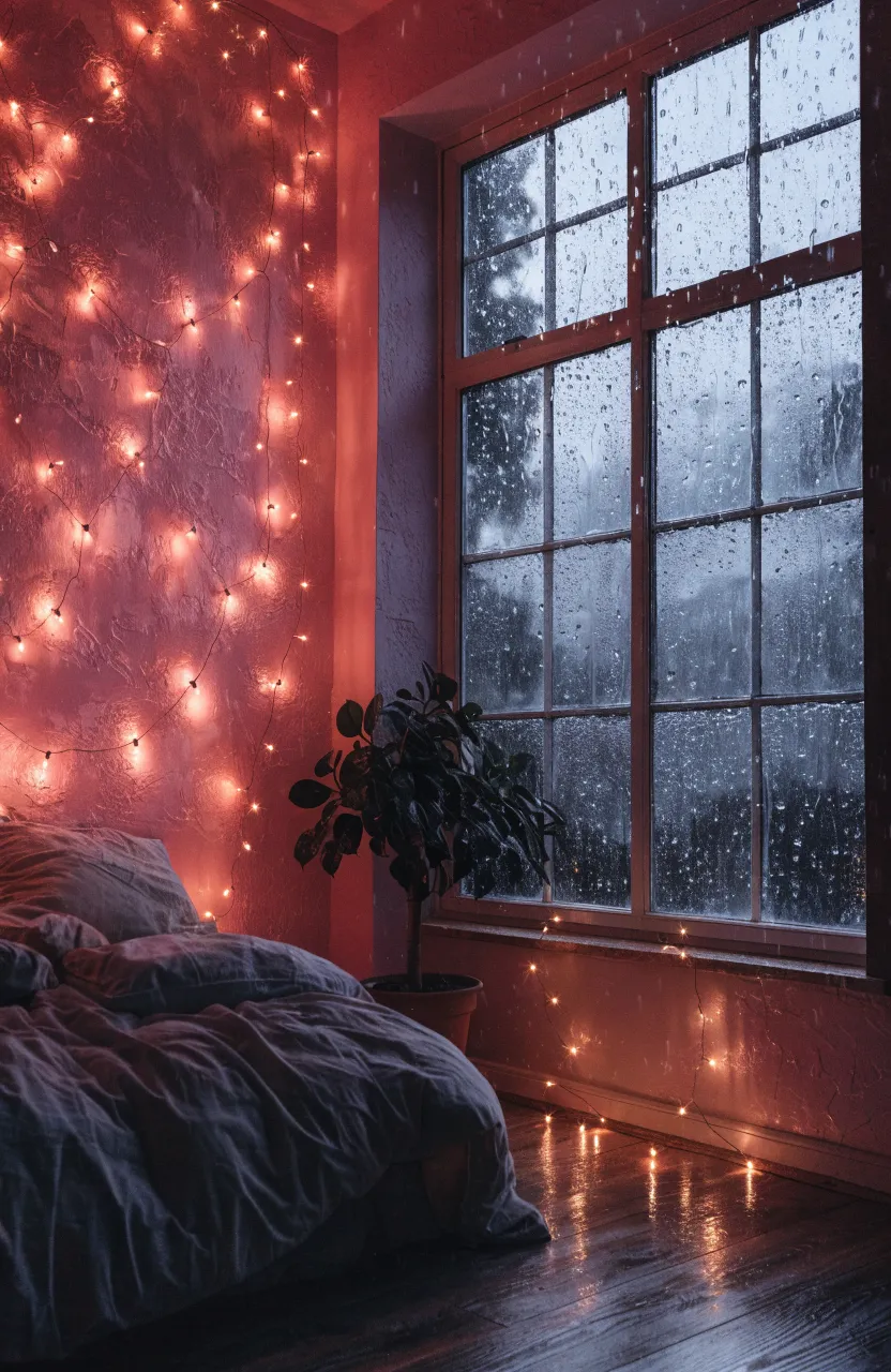Warm fairy lights glowing against a pink bedroom wall in a peaceful, dim setting.