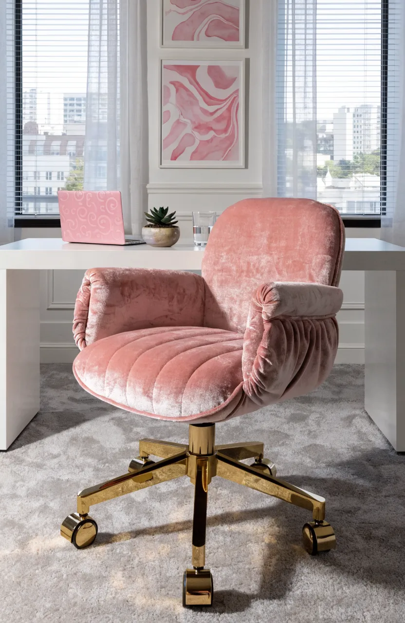 A light pink velvet chair with gold legs at a white desk in a bright, modern bedroom.