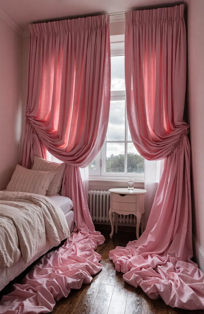 Floor-to-ceiling baby pink blackout curtains in a cozy, well-lit bedroom.