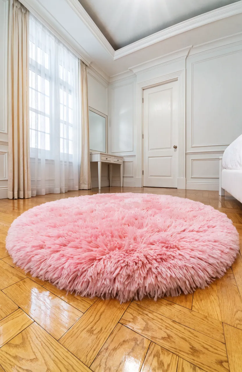 A fluffy round pastel pink shag rug on a light wood floor in the middle of a bedroom.