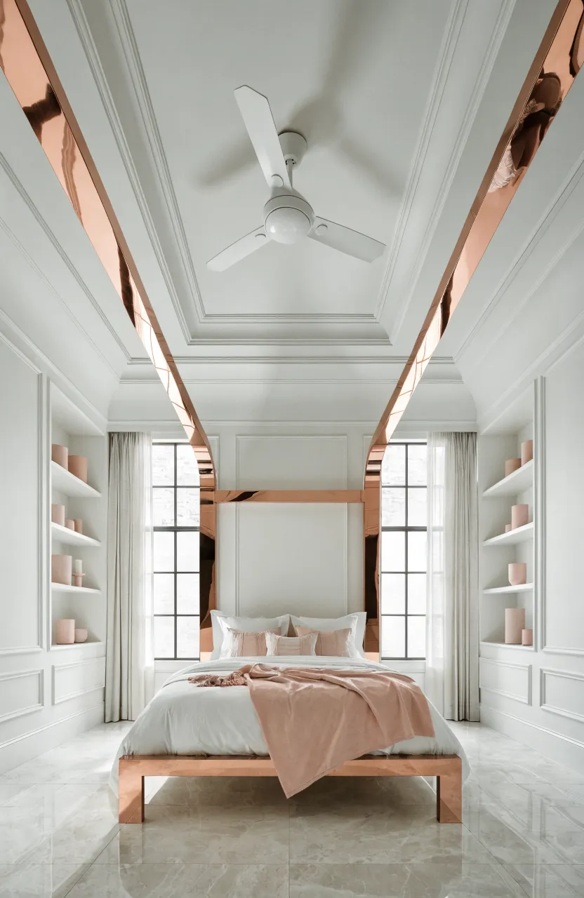 An elegant rose gold metal bed frame in a bright, airy pink and white bedroom.