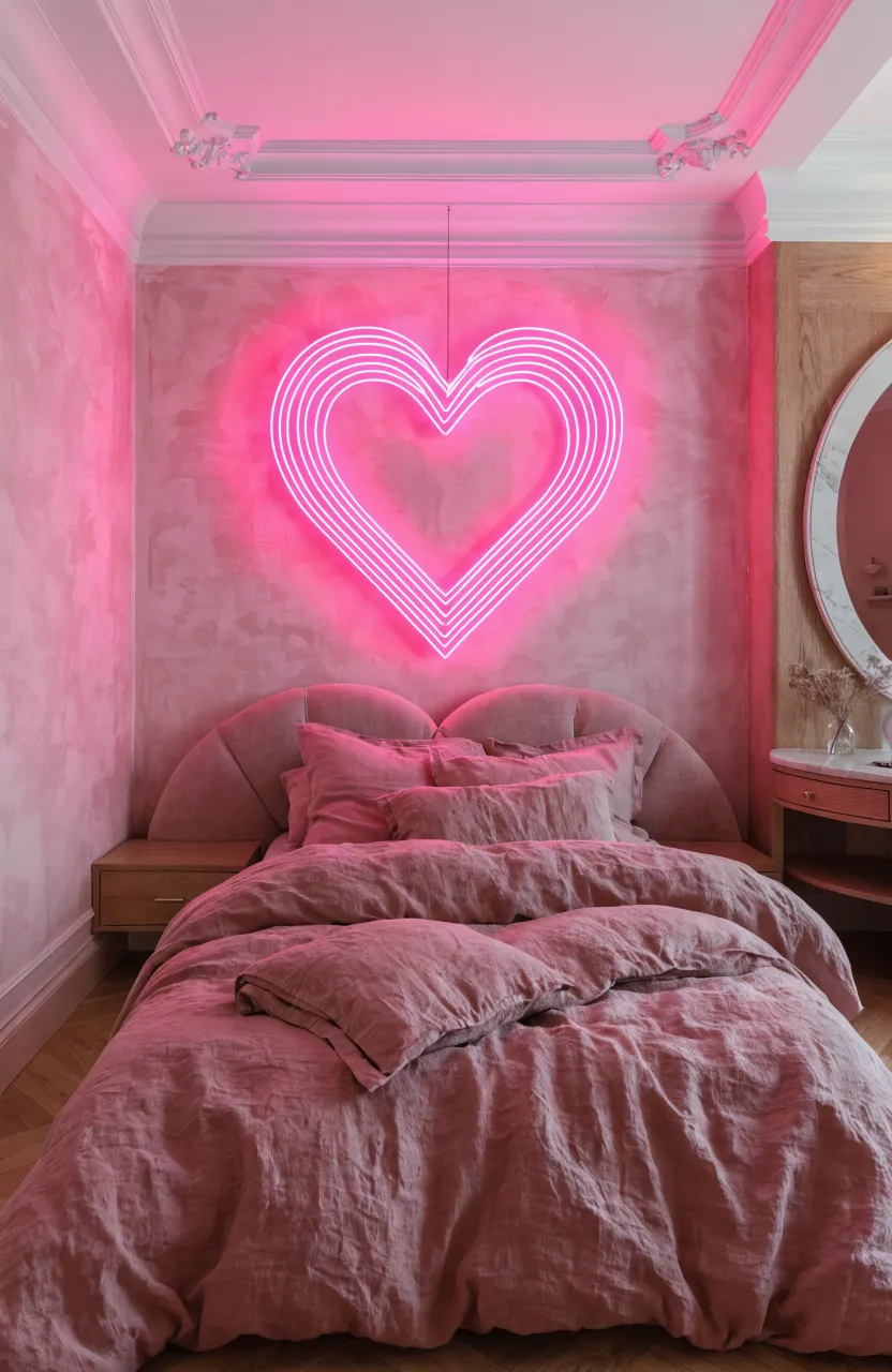 A cozy pink bedroom featuring a glowing pink neon heart sign mounted above a bed with rose-colored bedding.