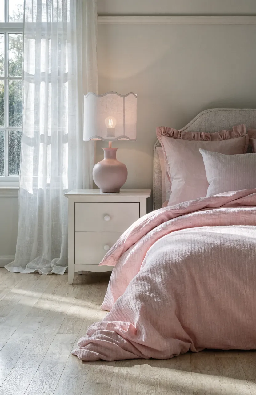 A matte light pink ceramic lamp with a white shade on a nightstand in a bright, airy pink bedroom.
