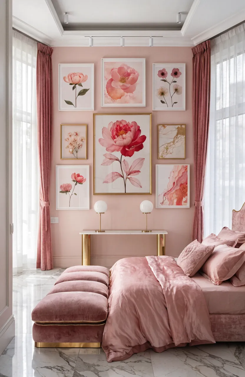A gallery wall with various framed pink floral and abstract art prints in a bright, modern bedroom.