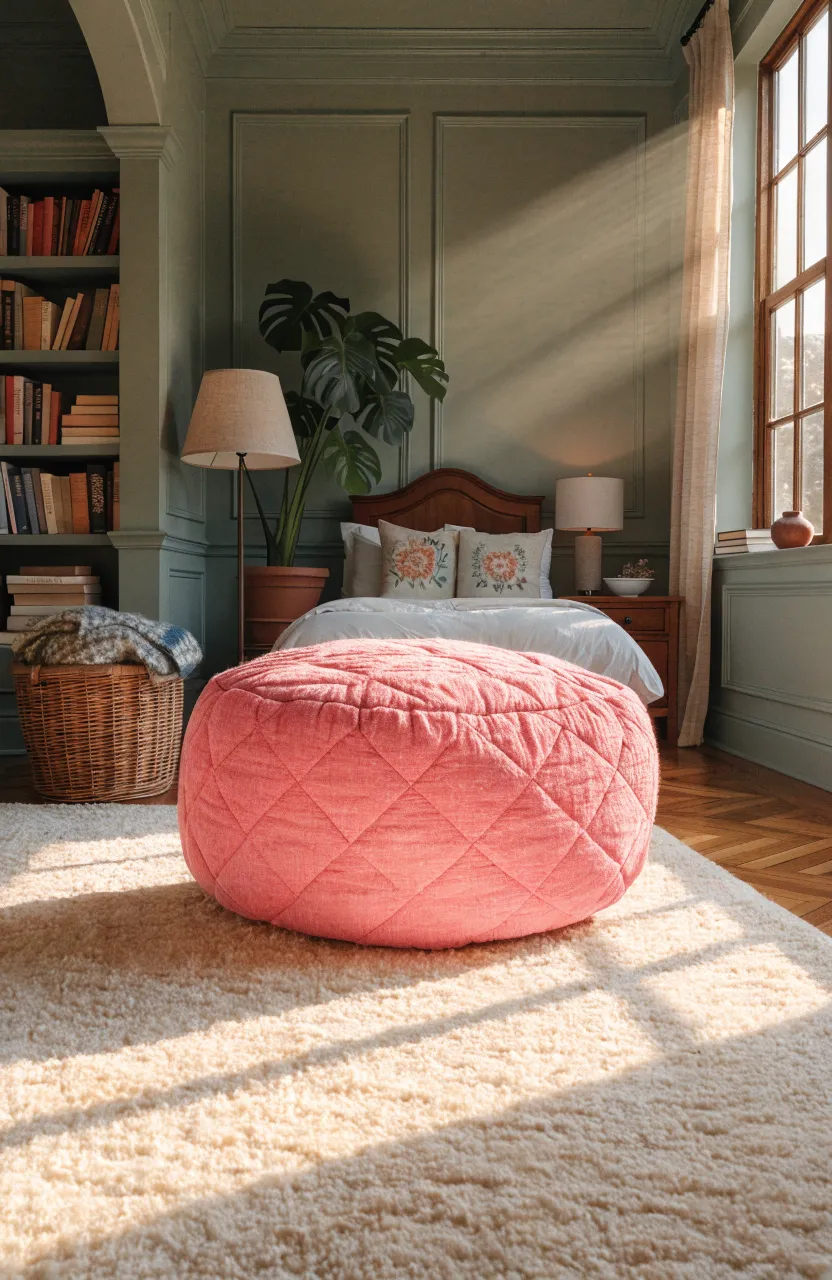 A medium pink quilted floor pouf sits on a fluffy rug in the corner of a cozy, sunlit bedroom.