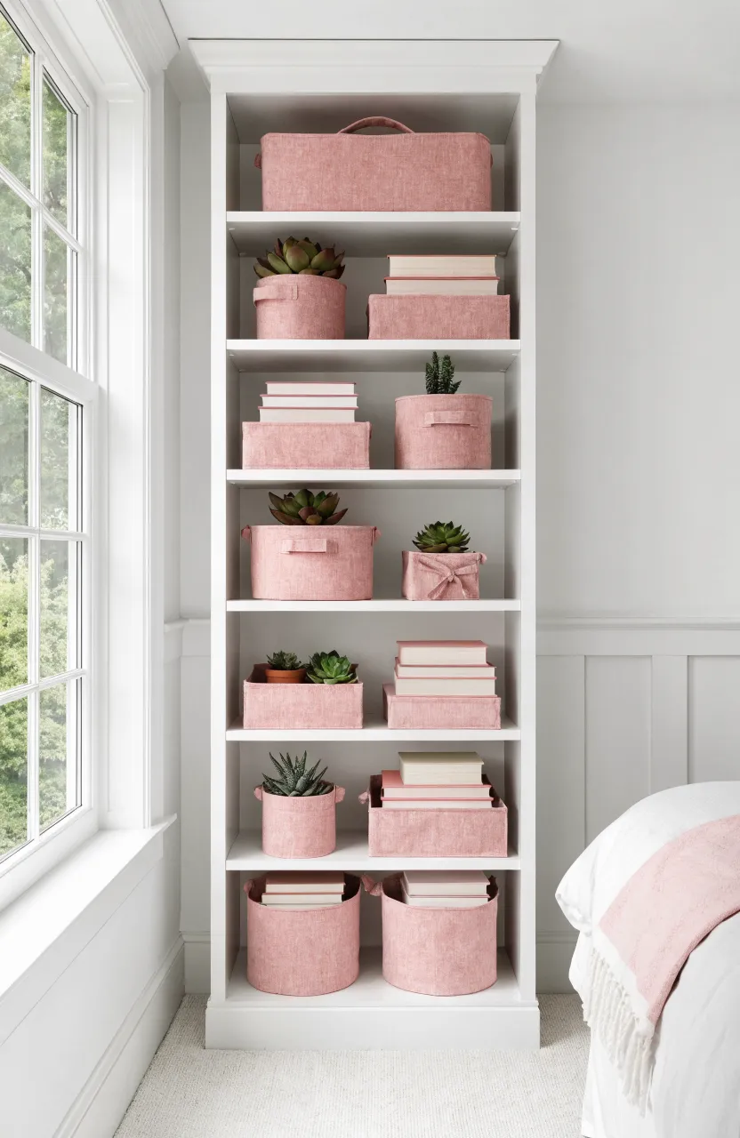 A white bookshelf with organized pink fabric storage bins in a clean, minimalist pink bedroom.