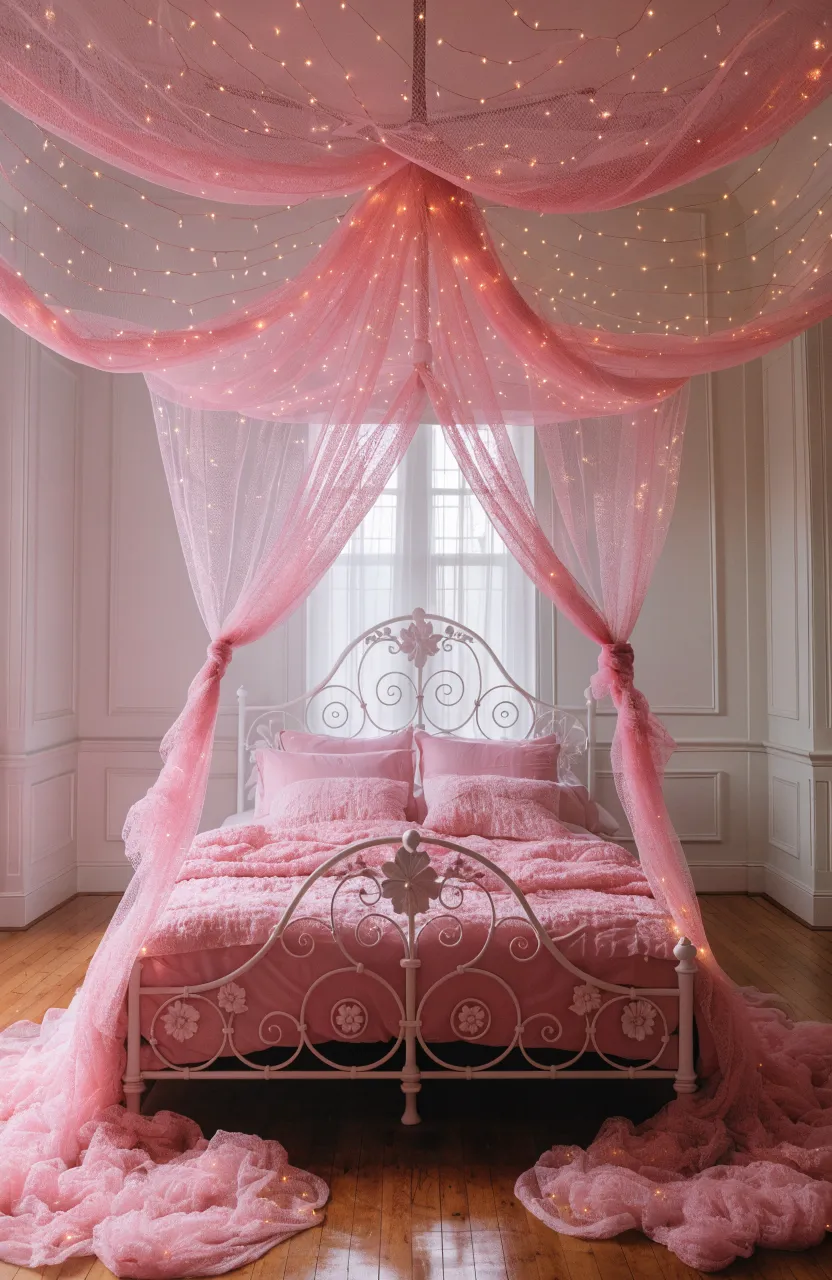 A sheer light pink canopy netting hangs over a bed, creating a cozy and ethereal sleeping nook.