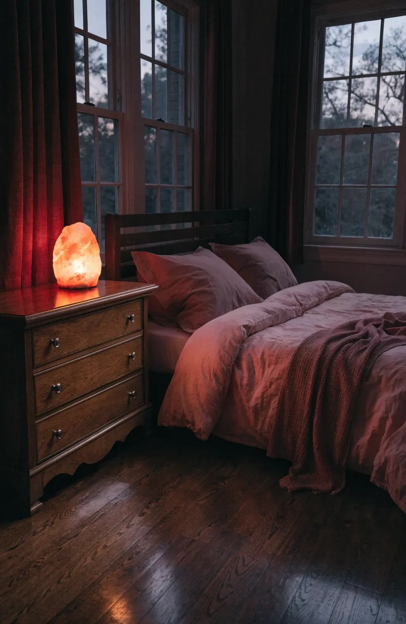 A glowing pink Himalayan salt lamp provides a warm, amber-pink light in a cozy, dark bedroom.