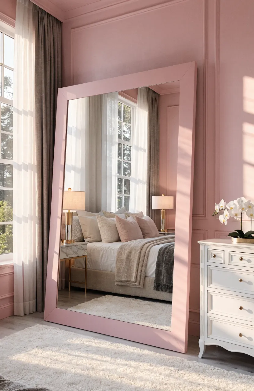 A light pink full-length mirror leaning against a pastel wall in a bright, modern bedroom.