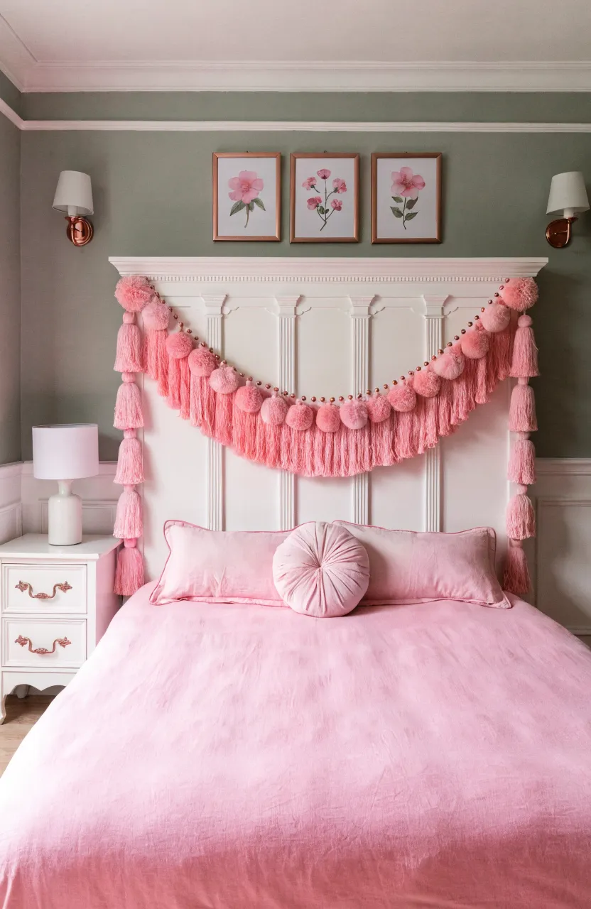 A playful pink tassel garland draped over a white headboard in a bright, decorated bedroom.