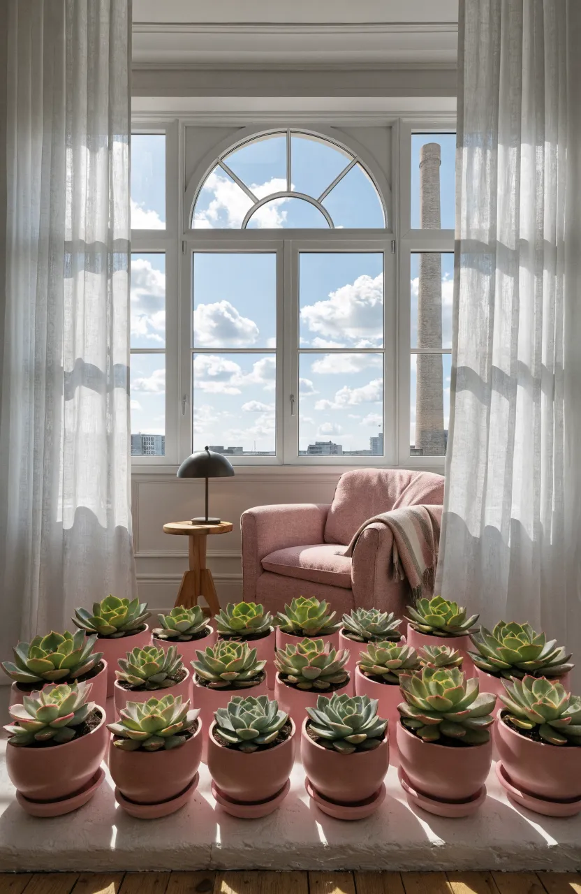 Small pink potted succulents arranged on a sunlit window sill in a bright pink-themed bedroom.