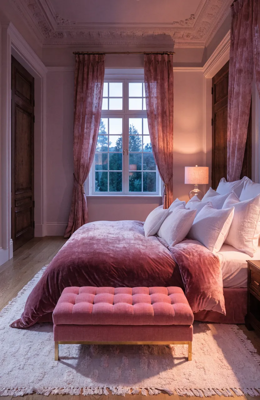 A stylish pink fabric storage ottoman at the foot of a bed in a well-organized, cozy bedroom.